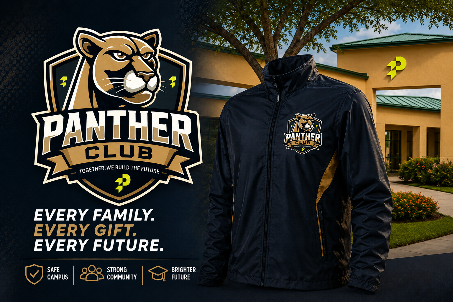 Panther Club promotional banner with a bold logo on the left, a navy jacket bearing the crest on the right, and the campus building in the background with the slogan “Every family. Every gift. Every future.”